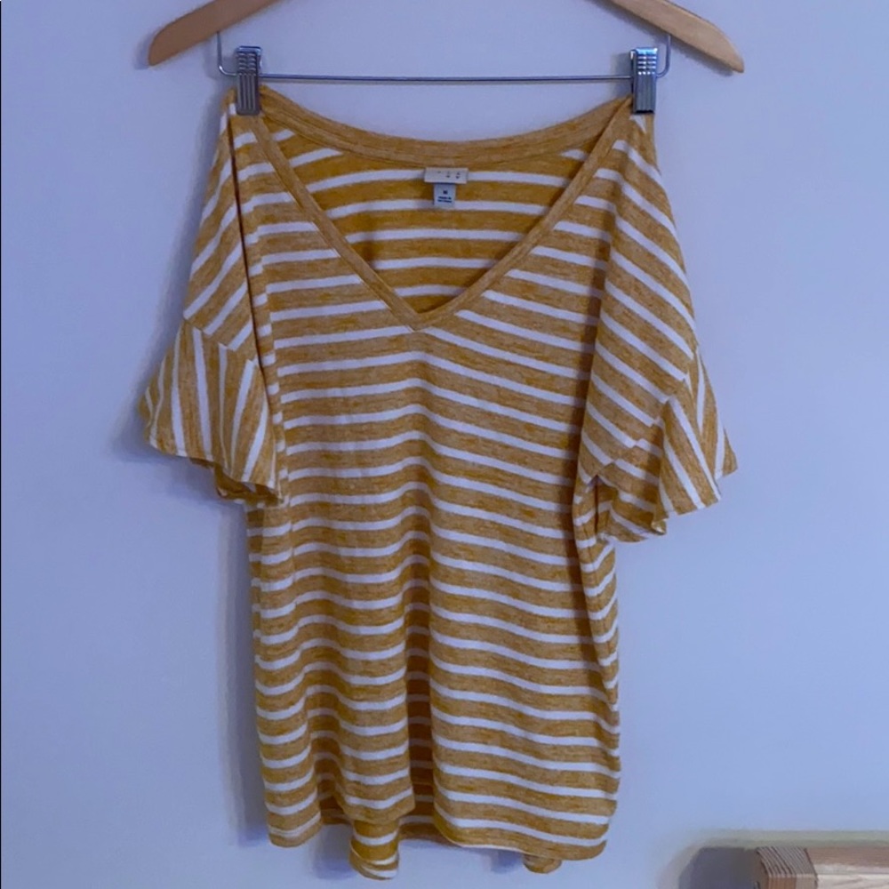 Yellow and white striped soft V-neck